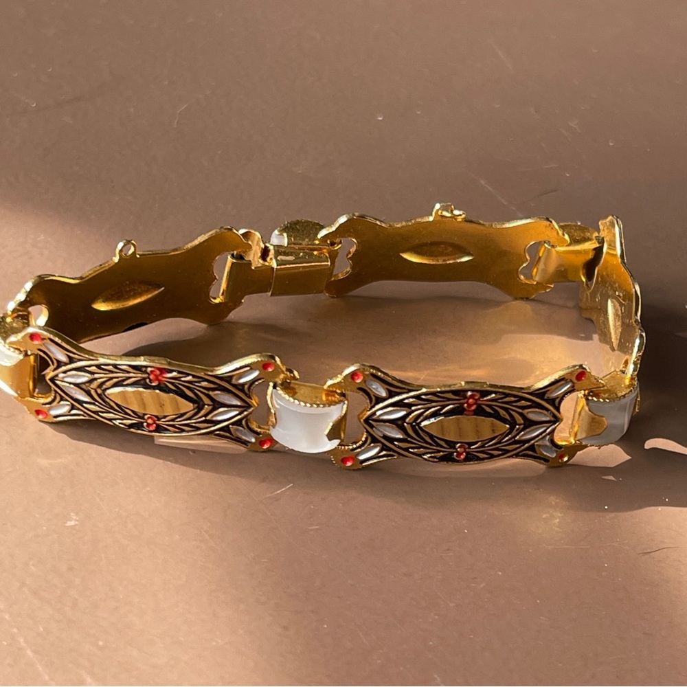 Vintage Damascene station bracelet gold tone red white